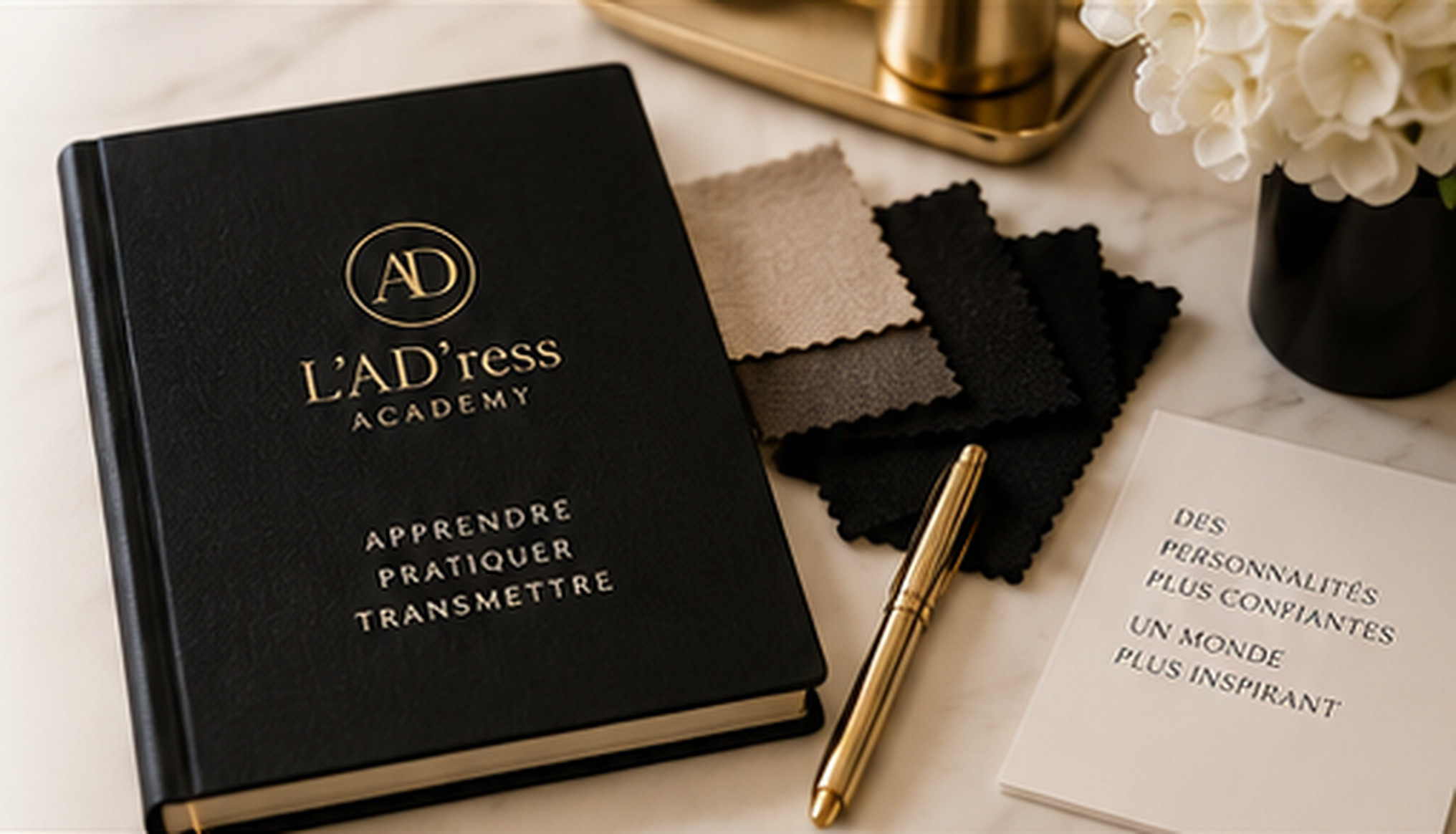 Livre L’AD’ress Academy, échantillons de tissus et stylo doré