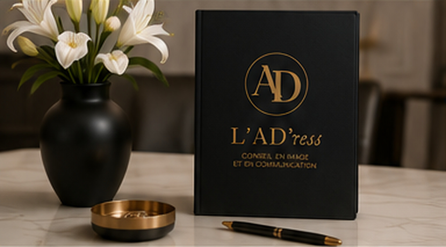 Carnet L’AD’ress, vase noir et lys blancs