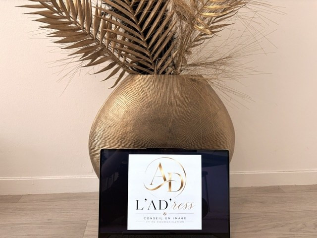 Logo L’AD’ress à l’écran devant un vase doré et des palmes séchées