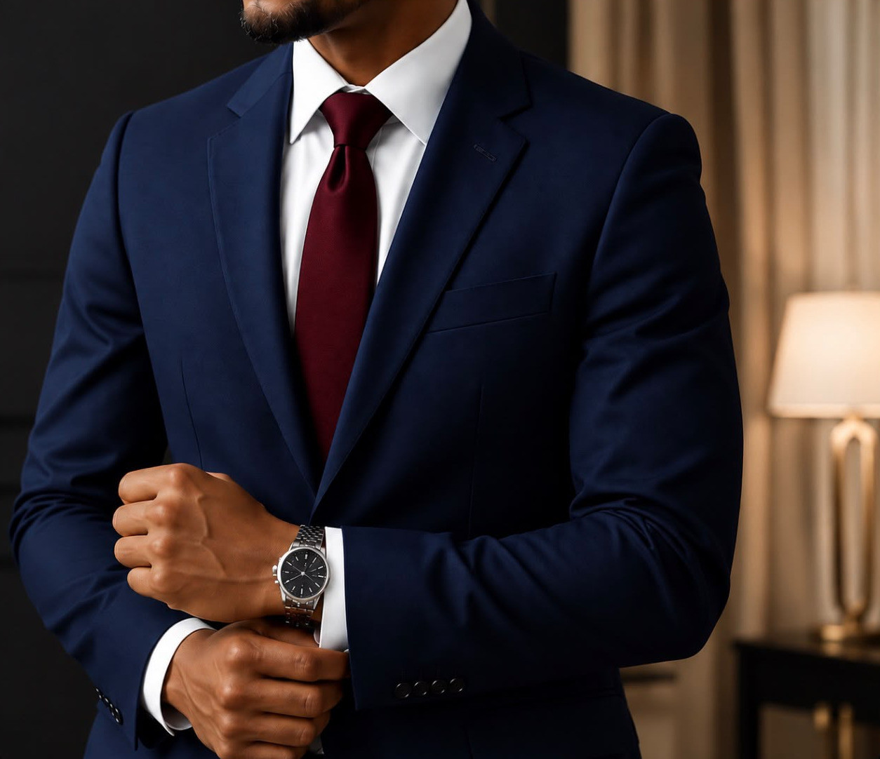 Dirigeant en costume bleu marine et cravate bordeaux ajustant sa montre