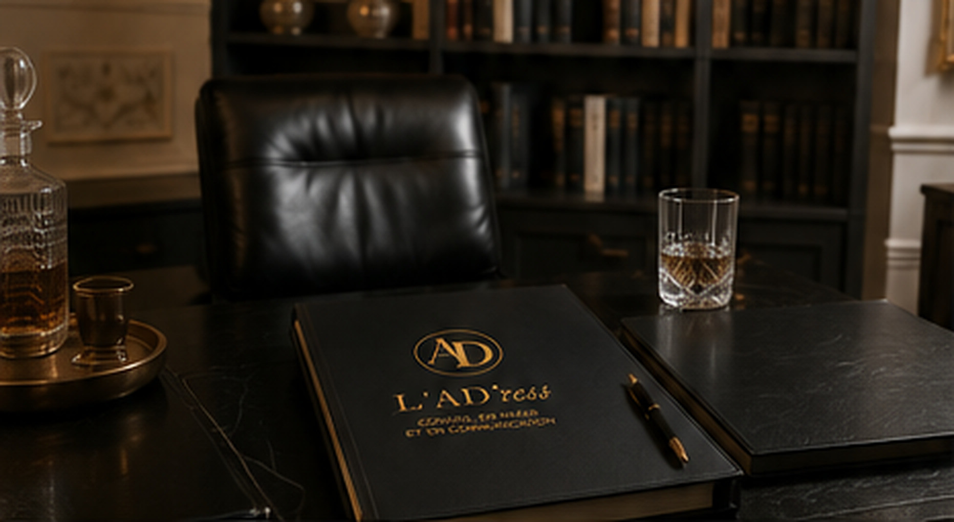 Carnet L’AD’ress sur un bureau de direction, carafe en cristal