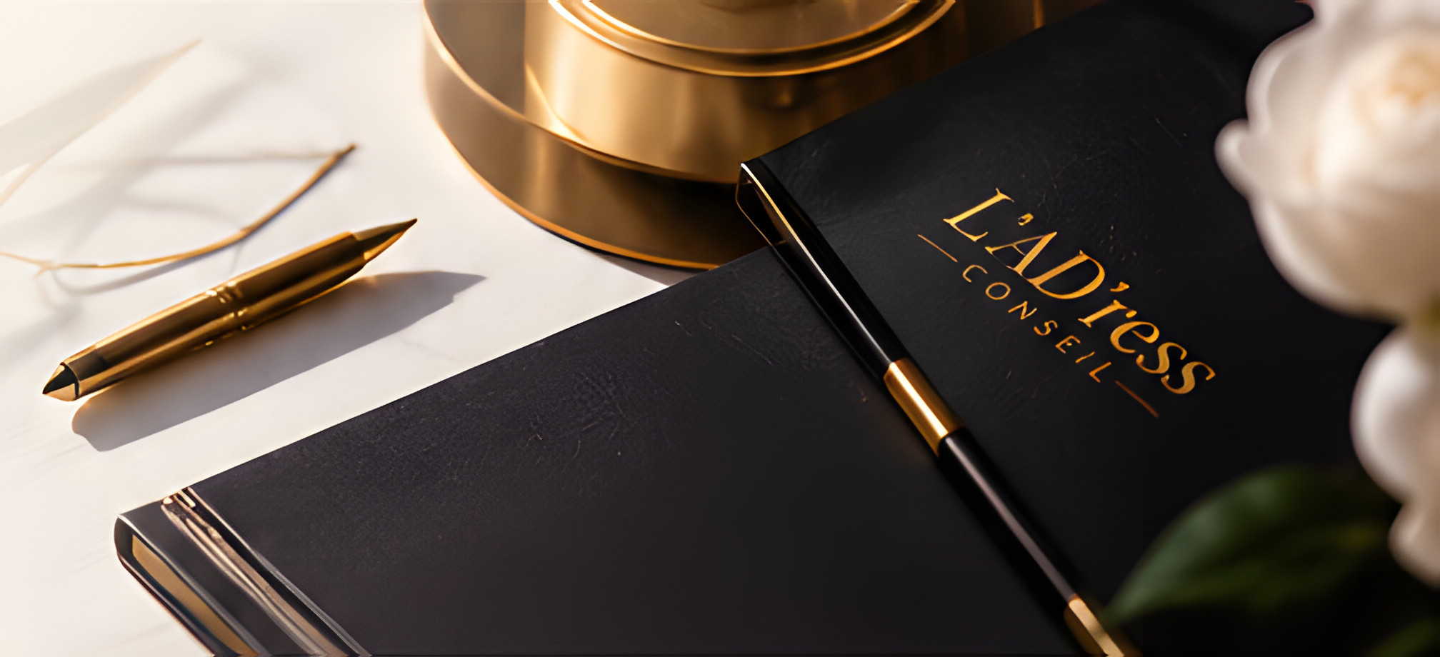 Carnet noir L’AD’ress Conseil, stylo doré et roses blanches